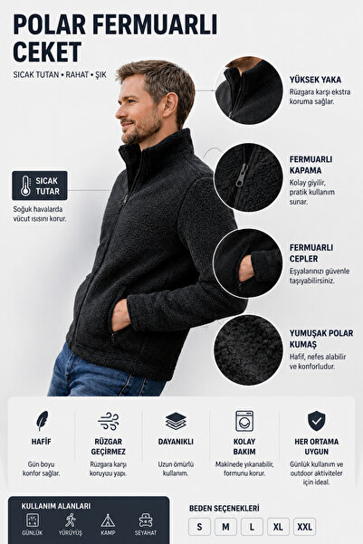 LUXIC CORE Erkek Peluş polar Slim Fit Dik Yaka Fermuarlı Cepli Günlük Spor Ceket