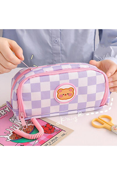 UĞURDAN Kawaii Damalı Büyük Kapasiteli Çok Bölmeli Kalemlik – Çift Fermuarlı ...