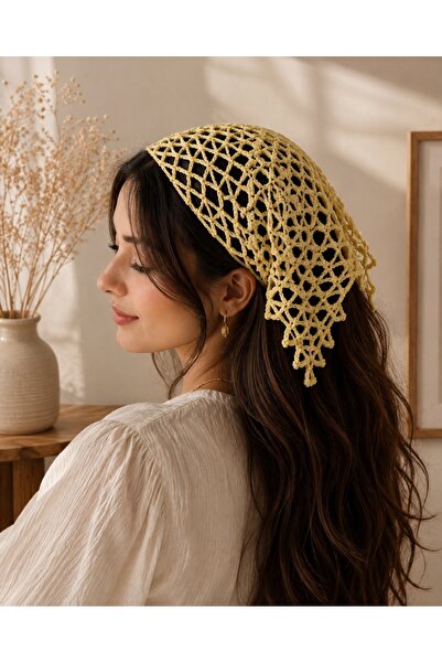 Bohem Sarı Örgü Bandana – El Yapımı Kadın Saç Aksesuarı
