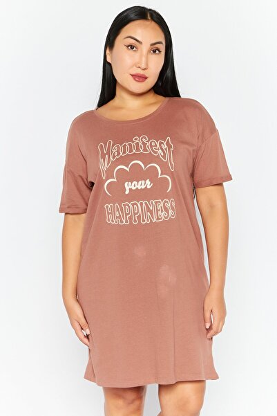 Sinsay Women Round Neck Short Sleeve Graphic Print Sleep Dress, Brown Combo