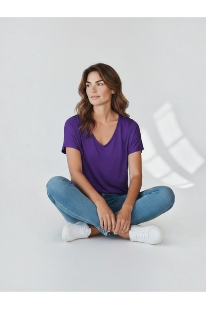 MODA Women's Front Back V Neck Relaxed Fit Viscose Combed Cotton Short Sleeve T-Shirt