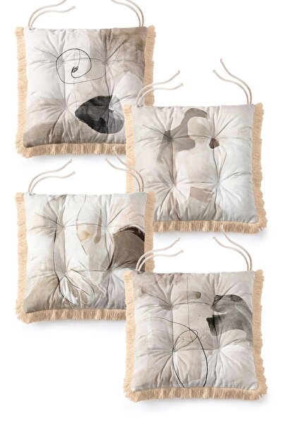IdeCraft Minimalist Watercolor Effect Cream Tone 4-Piece Fringed Puffy Chair ...