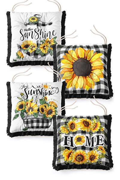 IdeCraft Country Style Sunflower and Plaid Patterned 4-Piece Fringed Puffy Ch...