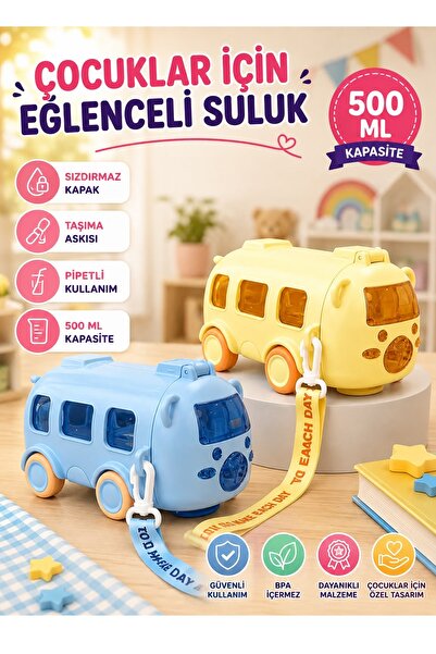 Kitchen Beauty Çocuk Matara Suluk 500 Ml Otobüs Tasarımlı Pipetli Sızdırmaz Kapaklı Taşıma Askılı