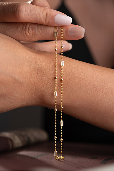 Silvano Jewelry 925 Ayar Gümüş Altın Kaplama Top Zincirli Bagetli Bileklik