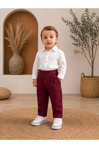 favorimkids Burgundy Cotton Shirt with Trousers 2-Piece Boys' Set