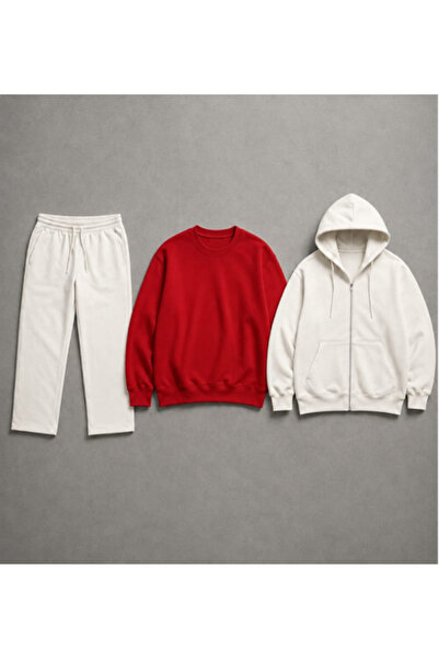LU DUE Unisex Design White Straight-Leg Baggy Sweatpants Red Crew Neck Sweats...