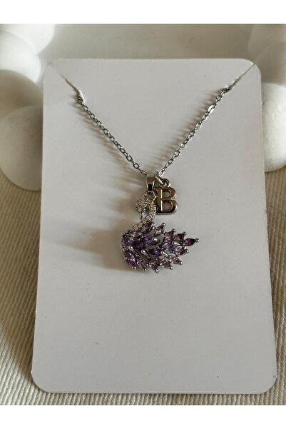 bijoux uniques Mor zirkon taşlı kuğu model B harfli 316L çelik kolye