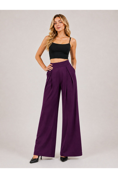 De Carte Women's High Waist Pleated Detailed Wide Leg Modal Fabric Sweatpants