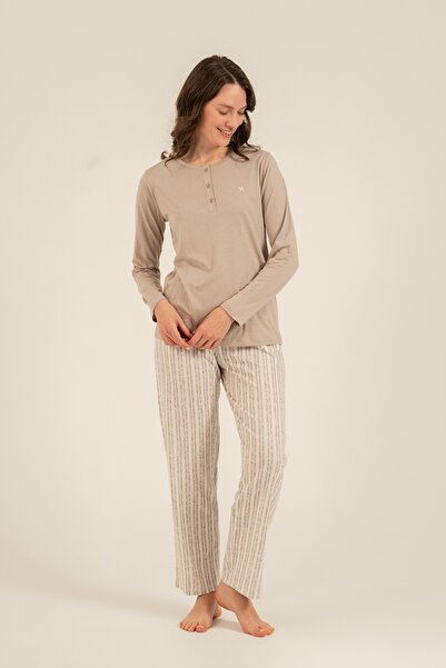 Arnetta Women'S, Button Detailed, Beige, Striped, Long Sleeve Pajama Set (wit...