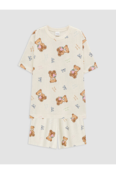 LC Waikiki Lcw Kids Ecru Crew Neck Printed Girls Pajama Set