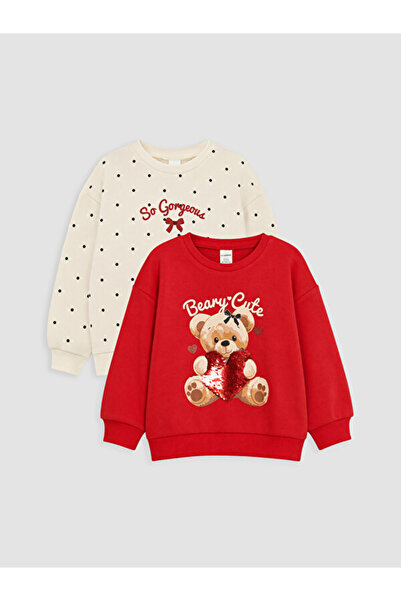 LC Waikiki Rmz Gi̇yi̇m Farkiyla Cute Teddy Bear Printed Girls' Sweatshirt 2-P...