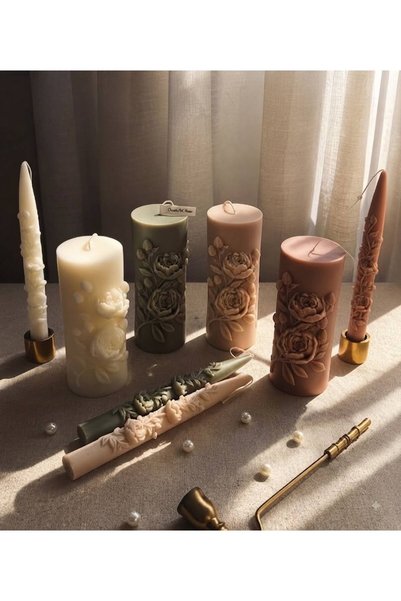 SCA CANDLE Dekoraitf Mum çiçek Desenli Stand tekli ürün kahve renk