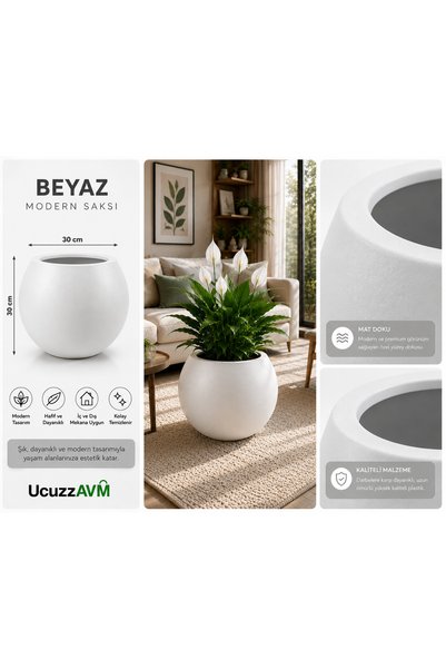 UcuzzAVM 30 cm Beyaz Yuvarlak Saksı | Fiber Görünümlü Premium Plastik Dekorat...