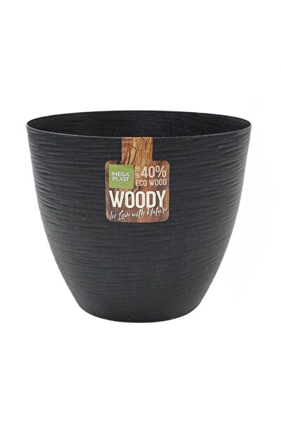 OEM Ghiveci din plastic Donna Woody, interior / exterior, rotund, negru, D 30 cm