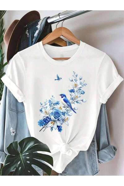 2BIR Women'S Light Blue Floral Bird Print Short Sleeve Round Neck T-Shirt - S...