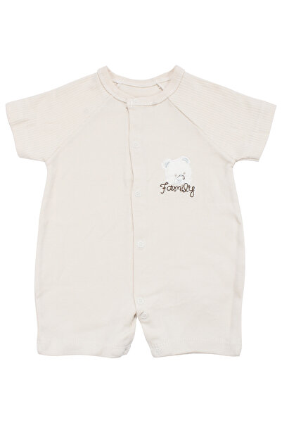 bebegen Baby Boy Beige Bear Family Embroidered Snap Fastener Shorts Overalls