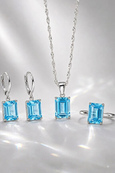 OSMANLI GÜMÜŞ Kadın 925 Ayar Gümüş Set Blue Topaz Baget Kesim Kolye Küpe Yüzü...