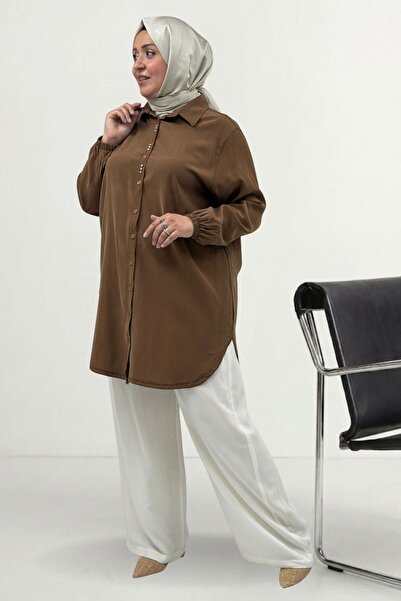 Eslina 68084 Plus Size Stone Detailed Cupra Shirt with Elastic Sleeves - Tan