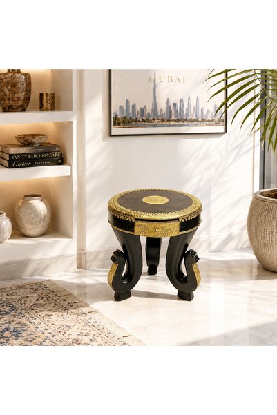 Al Athar Arts Indian Traditional Round Wooden Table With 3 Elephant Legs With Brass{diameter 17x17"x height21"}