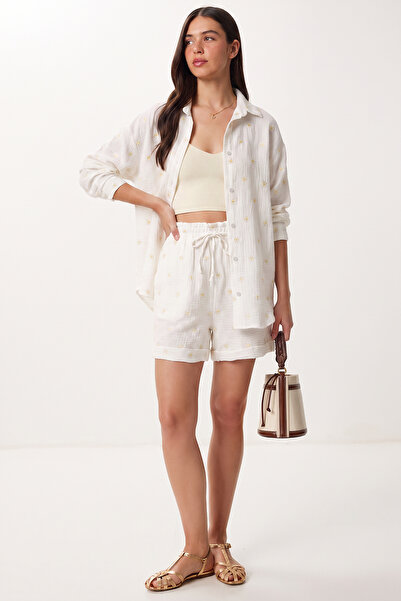 Lovelyİstanbul Embroidered Muslin Shirt Shorts Set Lax0014 White Yellow