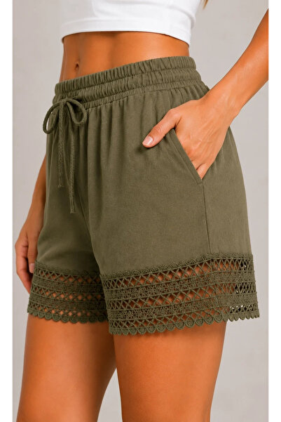 bysoca Women's Khaki Lace-Up Bohemian Shorts Cotton Linen Elastic Waist Lace-...