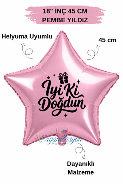 Organizasyon Pazarı 18 Inch Pink Star Foil Balloon |   Happy Birthday Gift Bo...