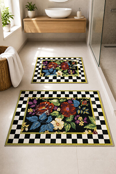 DEKOMOD Decorative Digital Printed Set of 2 Bath Mat Non-Slip Base Toilet Set