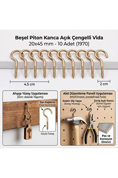 Beşel Piton Kanca Açık Çengelli Vida 20x45 mm Sarı Kaplama Askı Kancası - 10 ...