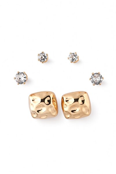 LYKOS Gold Color 3-Piece Zircon Stone Earring Set - Hammered Textured Square and Solitaire Stud Earrings