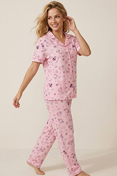 Siyah İnci Hello Kitty Lisanslı %100 Pamuk Pembe Çok Renkli Düğmeli Biyeli Pijama Takım 26120451