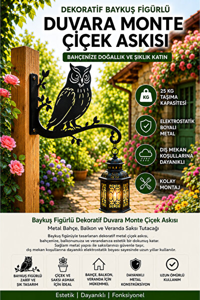 Saklı Home Baykuş Figürlü Metal Çiçek Askısı – Duvara Monte Saksı Tutacağı – ...