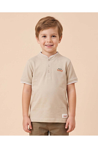 REDTAG Boys Ivory Embroidered Logo Mandarin Collar Polo Shirt