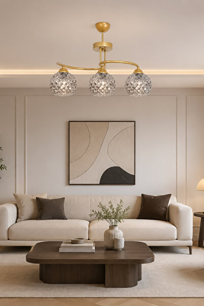Turanconcept Fuji Modern Kabartma Camlı Dekoratif 3'lü Avize Salon Yatak Odas...