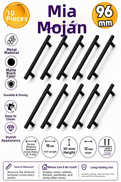 Badem10 (10 τεμάχια) Mia Mojan 96 mm Μαύρο ματ μεταλλικό έπιπλο Συρτάρι κουζί...
