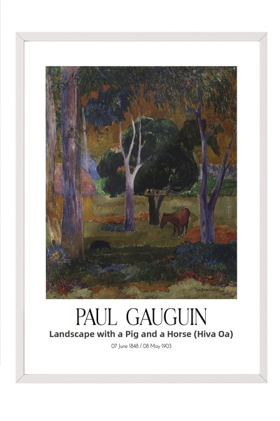 Postifull Paul Gauguin - Peisaj cu porc și cal (Hiva Oa), Tablou în ramă albă...