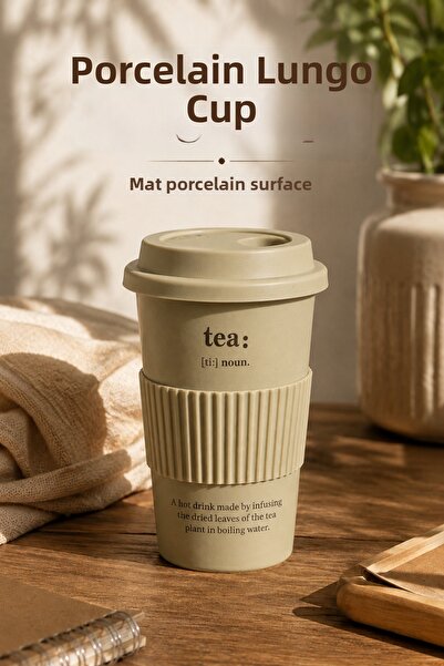 welcomein Lungo Porcelain Mug 430 ml with Lid, Matte Surface Coffee Cup, Latt...