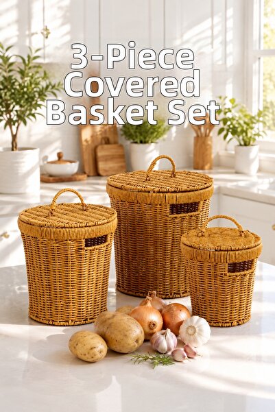 Porsima Pbt-920-2 3-Piece Bamboo Basket Set with Wicker Basket Covers Decorat...