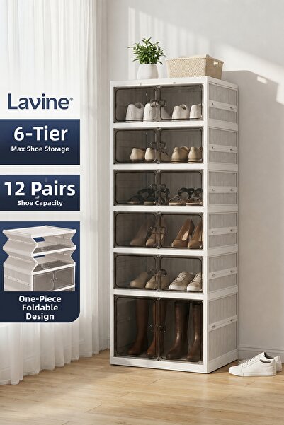 Lavine منظم أحذية أكورديون مكون من 6 طبقات، سعة 12 زوجًا من الأحذية، منظم أحذ...