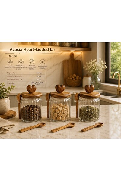 Qerhome 3-Piece Heart Vacuum Acacia Lid, Glass Jar with Spoon - Sugar Bowl, S...