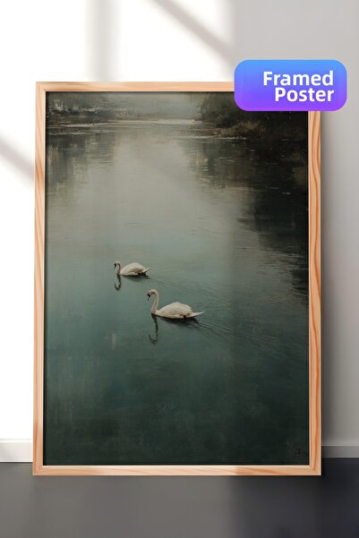 Zestia Pictură de perete vintage, păsări albe peste lac, înrămată în lemn Nr....