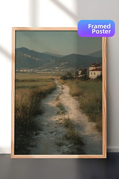 Zestia Pictură murală vintage, peisaj de sat pe drumul rural, înrămată în lem...