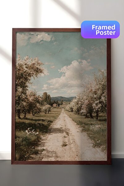 Zestia Pictură de perete vintage, Drum rural cu copaci înfloriți, înrămat mar...