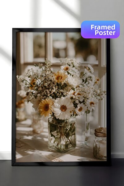 Zestia Vintage Wall Painting, Glass Vase with Daisies Black Framed No: 20178