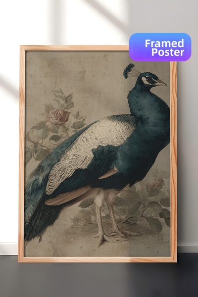 Zestia Pictură murală vintage, portret clasic cu păun, înrămat în lemn Nr.: 2...