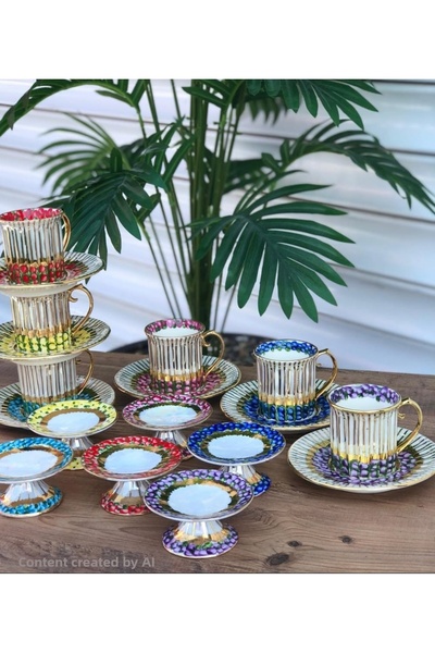 BY.RAYKA PORSELEN El Dekor Efes Arni Porcelain Hand-Painted 6-Piece Cup and D...