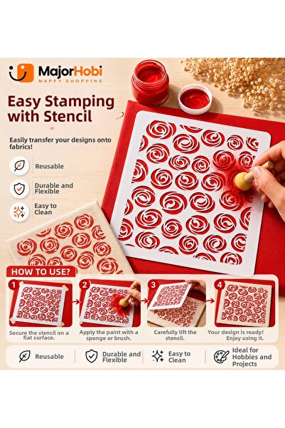 Major Hobi Rose Pattern Stencil Template Fabric Wood Wall Painting Decor Mold