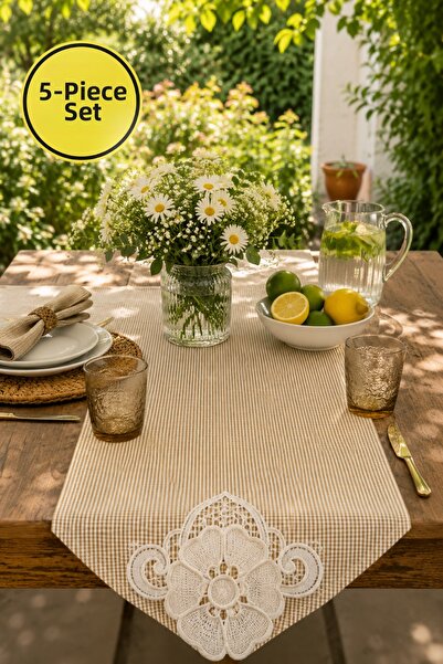 Lurji Set de 5 piese: traversă de masă maro cu model Gingham și set de prezen...