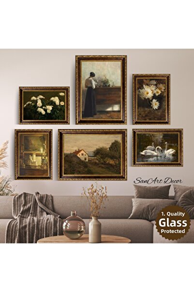 Sanart Vintage Framed Oil Painting Set, 6 Piece Framed Painting Set, Retro Wa...