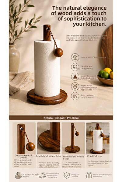 DİVAYS Acacia Wood Paper Towel Holder with Ball Holder Decorative Kitchen Sta...